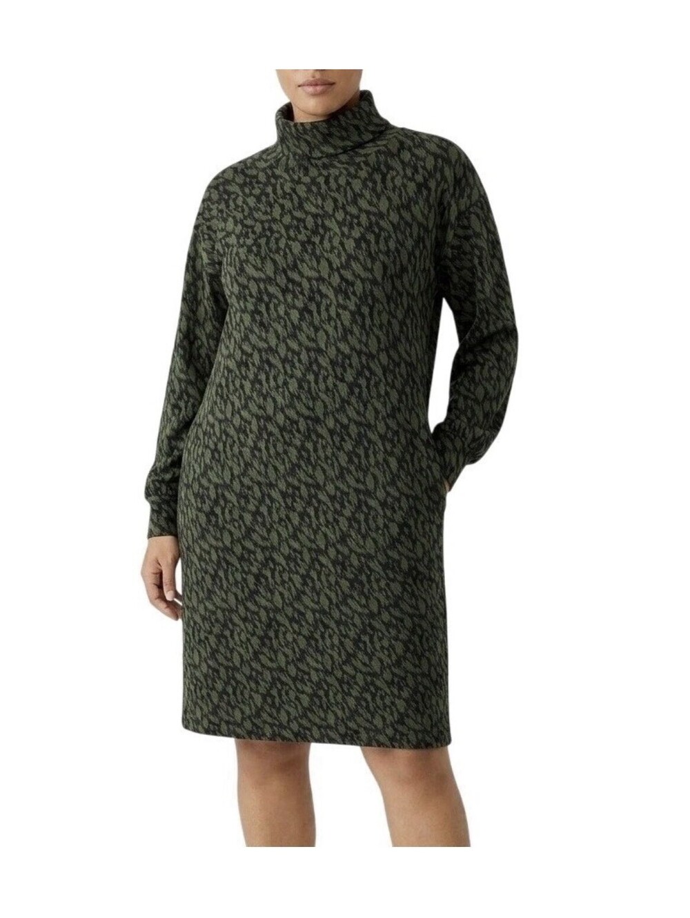 Garnet Hill Zen Comfort Knit Turtleneck Dress Sz M Forest Green Long Sleeve Boho